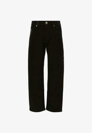 Czarne dżinsy o prostym kroju nogawek, z kieszeniami z przodu, kieszonką na monety oraz metalowym zapięciem na guzik w talii.