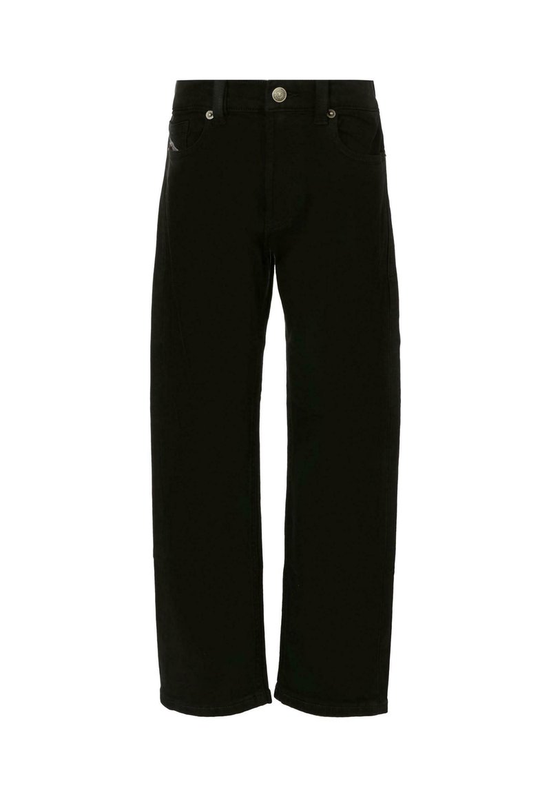 Pantaloni in denim neri con design a gamba dritta, dotati di tasche frontali, tasca per le monete e chiusura con bottone in metallo in vita.