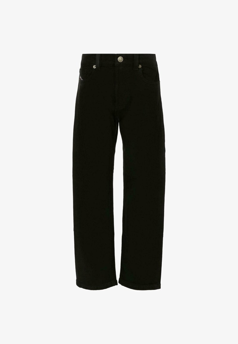 Pantaloni in denim neri con design a gamba dritta, dotati di tasche frontali, tasca per le monete e chiusura con bottone in metallo in vita.