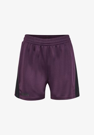 Lila Sportshorts aus leichtem Meshmaterial, mit schwarzen Seitenpanelen und einem elastischen Bund, versehen mit einem Logo auf der Vorderseite.