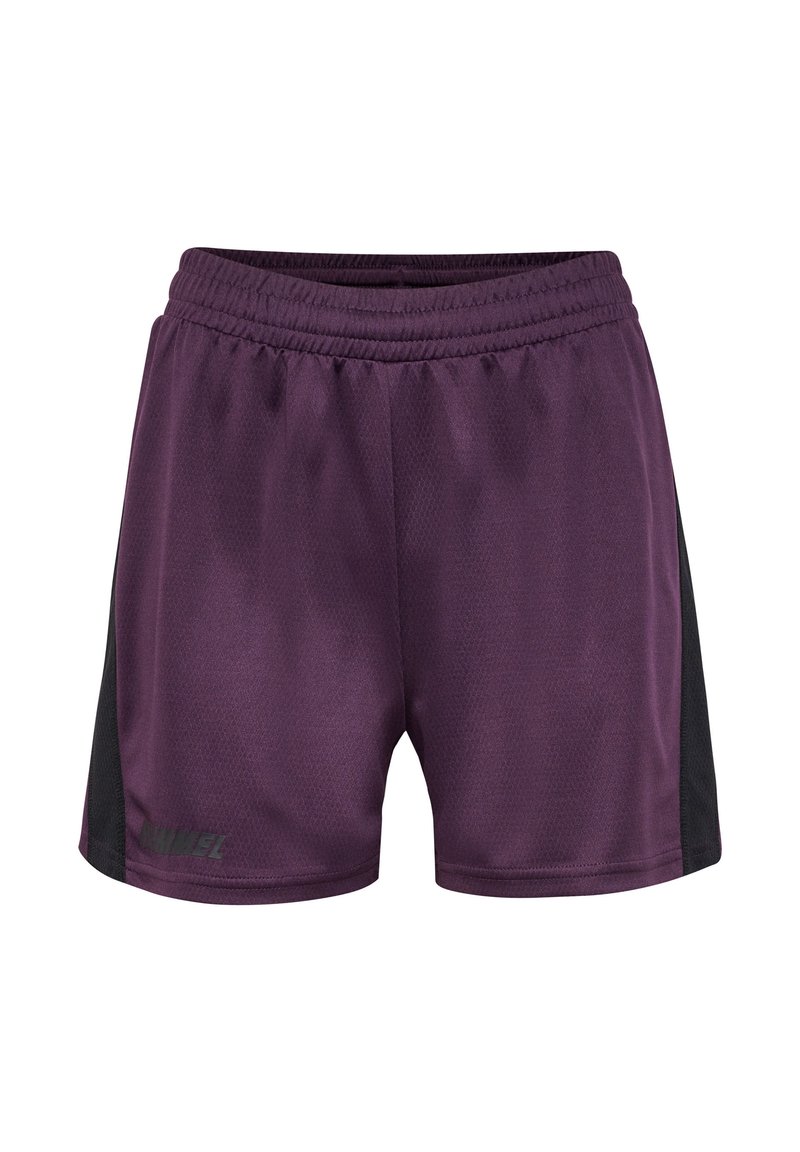 Lilla træningsshorts lavet af let mesh-stof, med sorte sidepaneler og en elastisk talje, samt et logo foran.