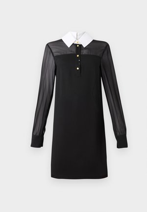 Black dress with a white collar, long sheer sleeves, button placket with gold buttons, and a fitted silhouette. Smooth texture throughout.