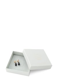 Twee zwarte druppelvormige oorbellen getoond in een zachtgrijze doos met een gestructureerde afwerking en gouden logo. De doos is een beetje open om de oorbellen te onthullen.