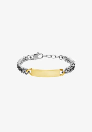 Silber- und goldfarbener Armreif mit einem klobigen Kettendesign, ausgestattet mit einer rechteckigen Goldplakette und einem sicheren Verschluss.