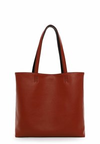 Rød læder tote taske med en struktureret overflade, to håndtag og minimalistisk design. Har syninger langs toppen.