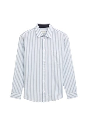 Camisa de manga larga a rayas en azul claro y blanco, hecha de algodón, con cierre de botones en la parte delantera, cuello y bolsillo en el pecho. Textura suave.