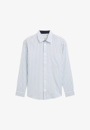 Helles blau-weiß gestreiftes Langarmhemd aus Baumwolle, mit Knopfverschluss, Kragen und Brusttasche. Weiche Textur.