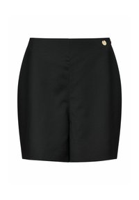 Czarne dopasowane szorty o gładkiej fakturze, wysoki stan i mały złoty detal z logo na pasku. Prosty design, bez wzorów.