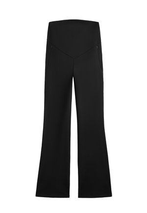 Pantaloni ampi neri con vita alta, dotati di due tasche laterali e una texture liscia, progettati per comfort e flessibilità.