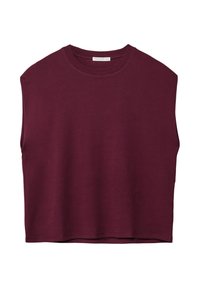 Top sans manches bordeaux coupé, fabriqué en tissu doux, avec un col rond et une coupe décontractée, présentant des coutures minimales et des bords nets.
