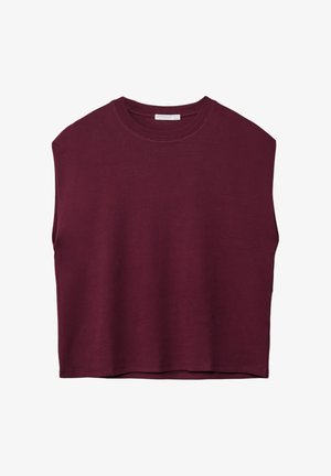 Burgunderfarvet, kortærmet top uden ærmer lavet af blødt stof med rund halsudskæring og en afslappet pasform, der har minimale sømme og rene kanter.
