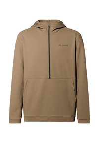 Brauner Pullover-Hoodie mit einer Vorderanzipftasche, langen Ärmeln und einem strukturierten Stoff. Das Logo befindet sich auf der oberen linken Seite.