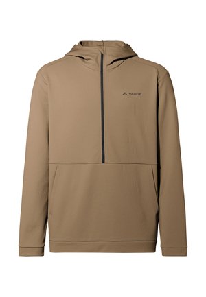 Brown pullover hoodie featuring a front zip pocket, long sleeves, and a textured fabric. Logo is displayed on the upper left side.