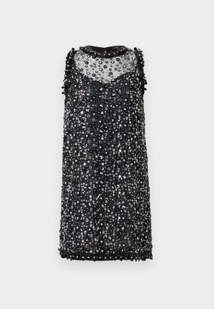 Robe mini noire sans manches avec un haut en tulle transparent, ornée de motifs floraux pailletés noirs et argentés ainsi que de perles texturées.