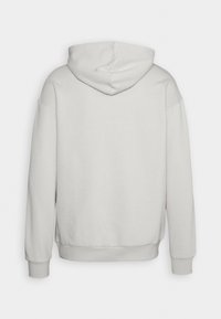 Sweat à capuche gris clair vu de dos avec manches longues, poignets côtelés et ceinture côtelée sur fond blanc.