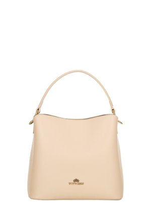 Borsa a mano in pelle beige con una texture liscia, una parte superiore curvata e un manico singolo; presenta un sottile logo dorato sul davanti.