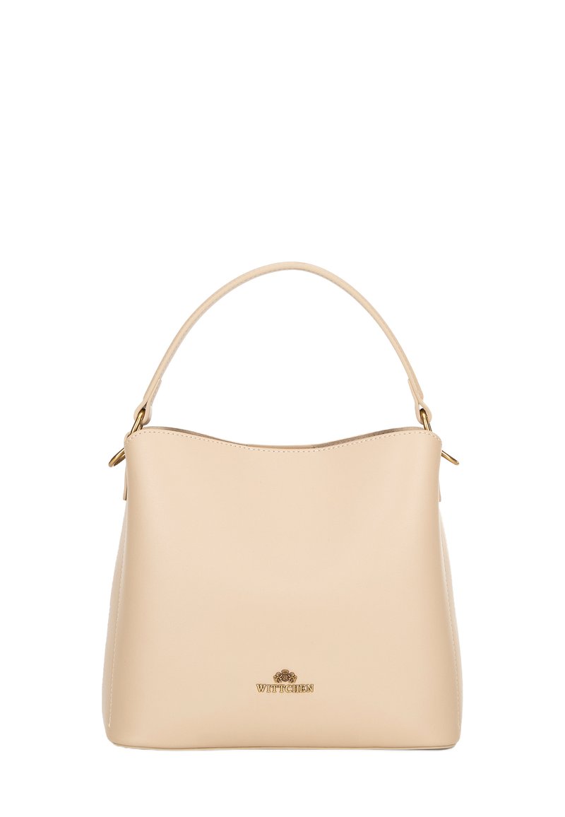 Borsa a mano in pelle beige con una texture liscia, una parte superiore curvata e un manico singolo; presenta un sottile logo dorato sul davanti.