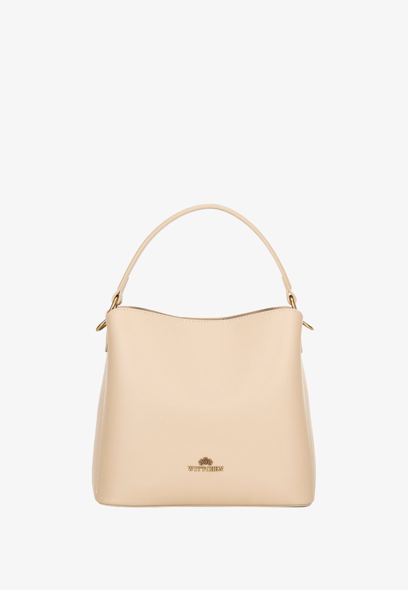 Borsa a mano in pelle beige con una texture liscia, una parte superiore curvata e un manico singolo; presenta un sottile logo dorato sul davanti.