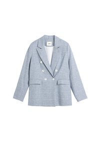 Lichtblauwe, dubbelzijdige blazer van een textuurstof, met een notch-revers en twee voorknopzakken. Bevat vier witte knopen.