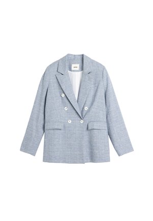 Hellblaue, doppelt knöpfbare Blazerjacke aus strukturiertem Stoff, mit Reverskragen und zwei Fronttaschen. Verfügt über vier weiße Knöpfe.