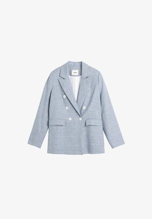 Lichtblauwe, dubbelzijdige blazer van een textuurstof, met een notch-revers en twee voorknopzakken. Bevat vier witte knopen.