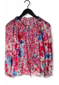 Blumige Bluse mit lockerer Passform, ausgestattet mit lebhaften Mustern in Pink, Lila und Blau sowie einem gerafften Halsauschnitt mit Bändchen. Hergestellt aus leichtem Stoff.