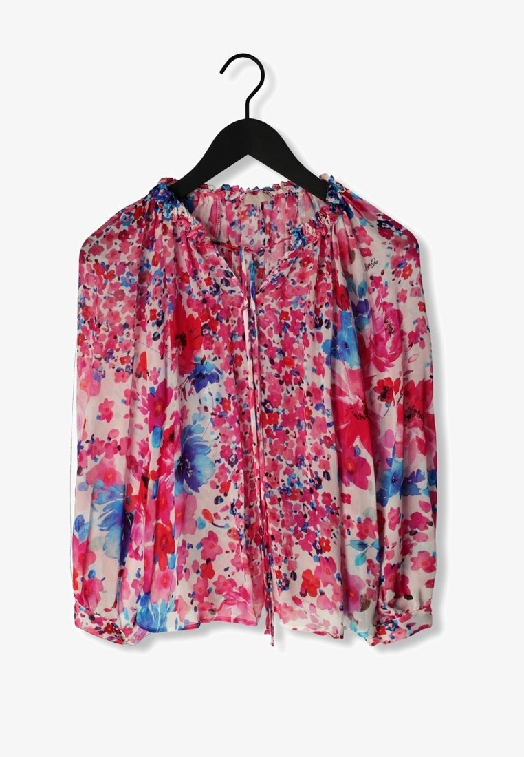 Blumige Bluse mit lockerer Passform, ausgestattet mit lebhaften Mustern in Pink, Lila und Blau sowie einem gerafften Halsauschnitt mit Bändchen. Hergestellt aus leichtem Stoff.
