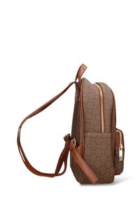 Bruine stoffen rugzak met een gestructureerd patroon, gouden ritsen en bruine lederen accenten. Eén zijvak, verstelbare schouderriem.