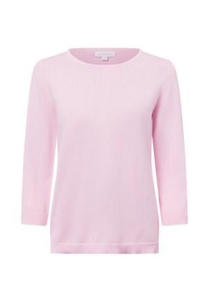 Helles rosa Sweatshirt mit Rundhalsausschnitt und Dreiviertelärmeln. Aus weichem Strickstoff gefertigt, mit gerippten Bündchen und Saum.