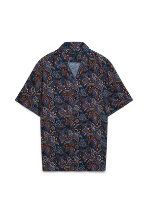 Camicia a maniche corte con bottoni, con motivo paisley floreale complesso nei colori blu scuro, marrone e bianco, collo classico e vestibilità comoda.
