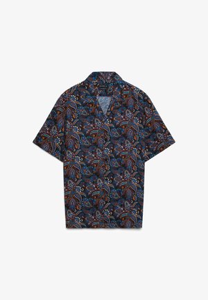 Short-sleeve button-up shirt with dark blue, brown, and white intricate floral paisley pattern, spread collar, and relaxed fit.