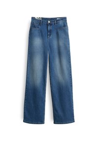 Jeans a gamba larga in denim, colore blu medio, con fronte sbiadito, cinque tasche, chiusura con bottone e zip, passanti per cintura, tessuto resistente.