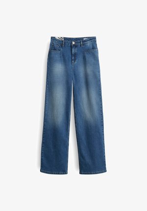 Jeans im weitem Schnitt aus Denim, mittleres Blau, ausgewaschene Vorderseite, fünf Taschen, Knopf- und Reißverschluss, Gürtelschlaufen, strapazierfähiger Stoff.