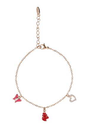 Finom arany lánc karkötő rózsaszín pillangó, piros hal és fehér strassz szív medálokkal.