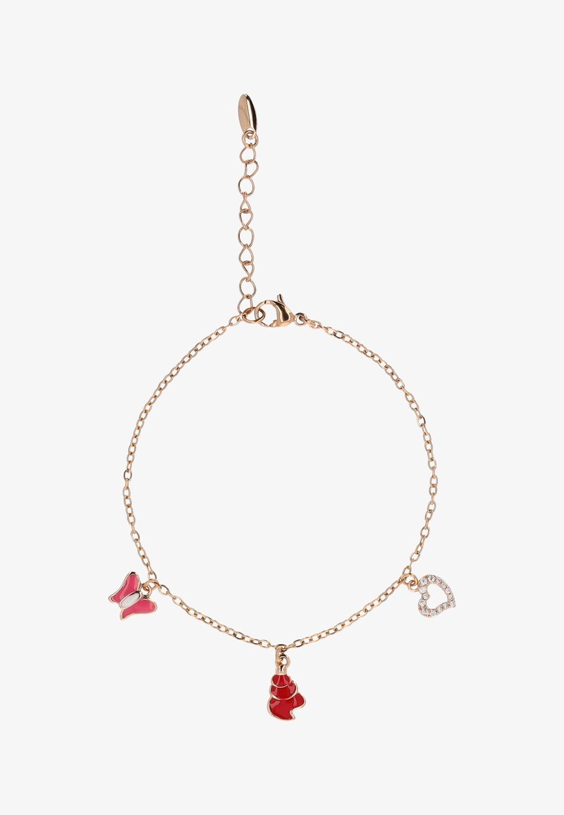 Fijn gouden kettinkje met bedeltjes van een roze vlinder, een rode vis en een wit hart van strass-steentjes.