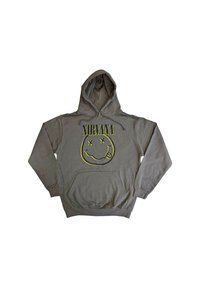 Gray hoodie made of cotton blend, featuring a yellow Nirvana logo and a smiley face graphic. Has a front pocket and drawstring hood.
