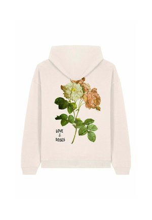 Sudadera de color crema con un diseño floral que presenta rosas en tonos rosa y blanco, y hojas verdes, con la inscripción "LOVE & ROSES" en negro.