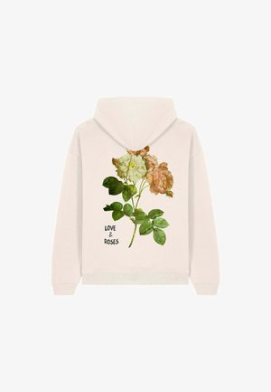 Crème hoodie met een bloemenontwerp van roze en witte rozen en groene bladeren, met "LOVE & ROSES" in zwart gedrukt.