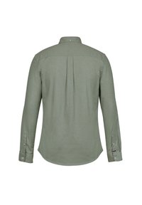 Olive roheline pikkade varrukatega shirt, millel on nööpkrae, selja pleat ja nööpidega mansetid, mis on kaunistatud triibulise detailiga varrukal.