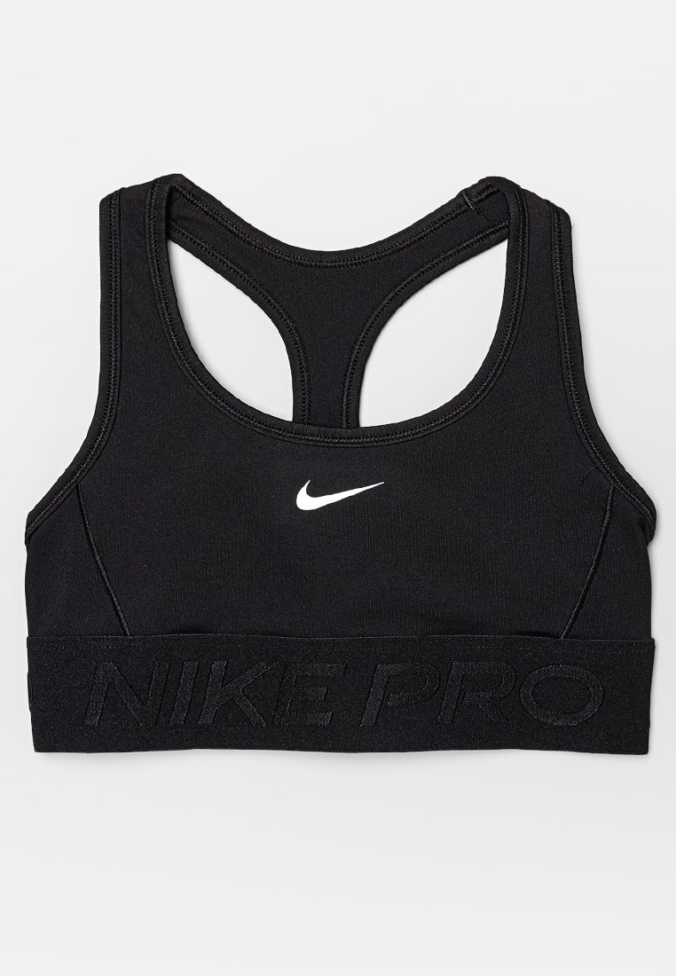 Top sportivo nero con design a schiena scoperta, realizzato in tessuto elasticizzato. Presenta un logo Nike bianco e una fascia testurizzata "NIKE PRO".