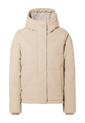 Beige Steppjacke mit hohem Kragen, horizontalen Steppnähten und elastischen Bündchen. Verfügt über Fronttaschen und eine glatte, strukturierte Oberfläche.