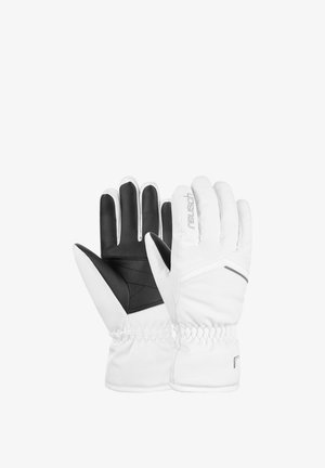 Witte handschoenen met zwarte leren handpalmen. Voorzien van elastische manchetten, stikseldetails en een logo. Ontworpen voor warmte en grip.