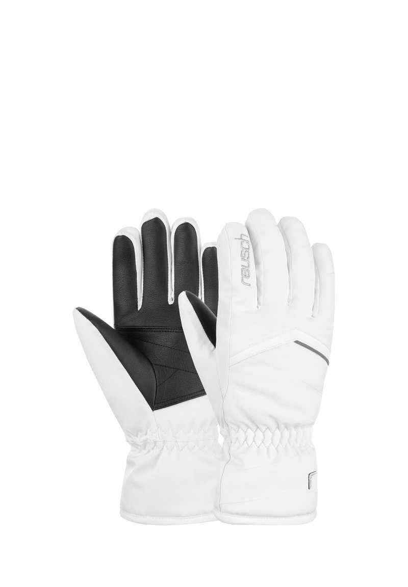 Gants blancs avec paumes en cuir noir. Comprend des poignets en élastique, des détails de couture et un logo. Conçus pour la chaleur et l'adhérence.