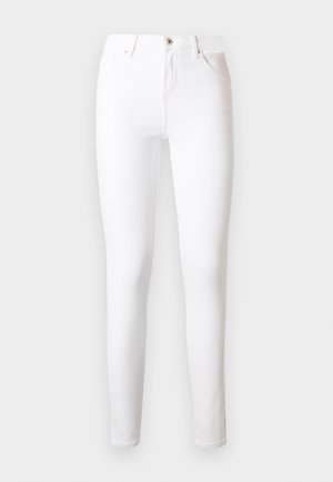 White slim-fit high-waist jeans with front button and zipper closure, five-pocket styling, and ankle-length legs.