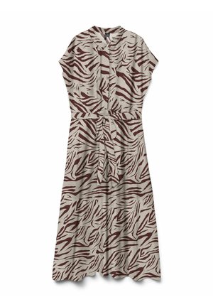 Beige midi-kjole med brune zebrastriber, korte ærmer, krave, knaplukning foran og matchende bindebælte i taljen.