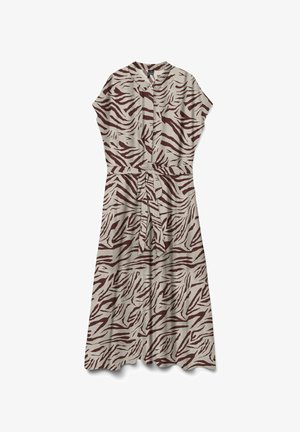 Beige midi-kjole med brune zebrastriber, korte ærmer, krave, knaplukning foran og matchende bindebælte i taljen.