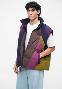 Krāsains pūķa veste ar tumši zilu, purpura, brūnu un olīvu zaļo paneļu kombināciju, ar rāvējslēdzēju priekšā un augstu apkakli.