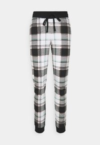 Rutiga sweatpants i svart, vitt och turkos med rutig design, dragsko i midjan och svarta ribbade mudd vid anklarna.