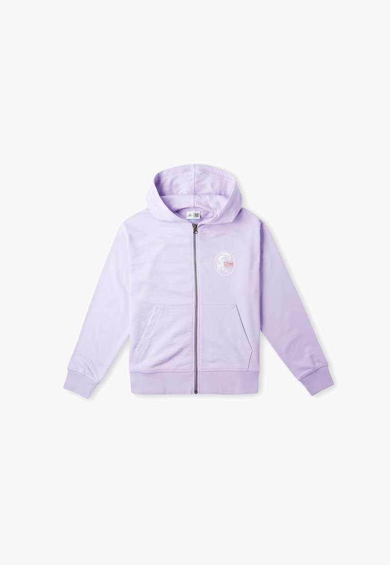 Sweat à capuche violet avec fermeture éclair, fabriqué en tissu doux. Comprend une capuche, deux poches avant et un petit logo sur le côté gauche de la poitrine. Coupe et design classiques.