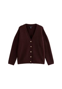 Burgundy stickad cardigan med V-ringning, långa ärmar och sex knappar i guldton framtill. Mjuk textur, avslappnad passform.